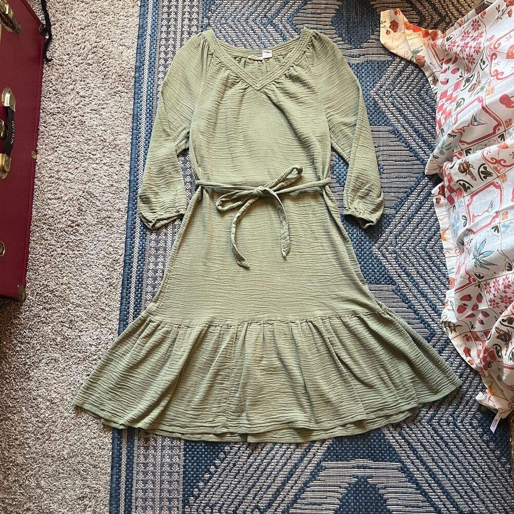 Cottagecore boho lagenlook 100% double gauze cotton olive green S Lucky Brand